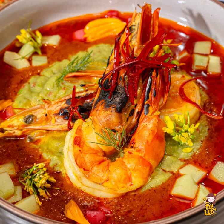 กุ้งสะเต๊ะ ขนมปังย่างกรอบ จิ้มซอสถั่ว หอมมันเข้ากับข้าวอบปูใบบัว