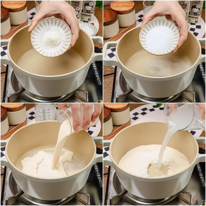 คนส่วนผสมในหม้อให้เข้ากันก่อนตั้งไฟเพื่อป้องกันผงวุ้นตกตะกอน