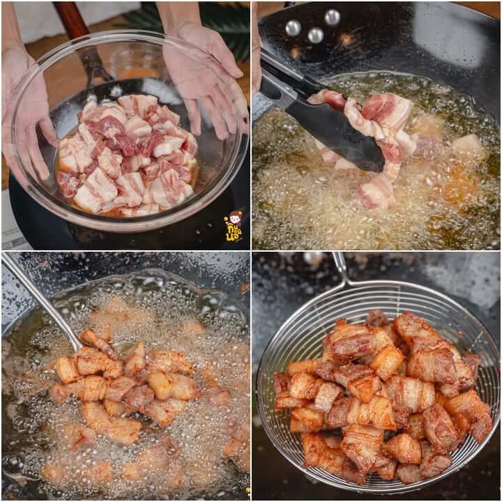 ขั้นตอนหั่นหมูสามชั้น ทอดจนเหลืองกรอบ และตักพักให้สะเด็ดน้ำมัน