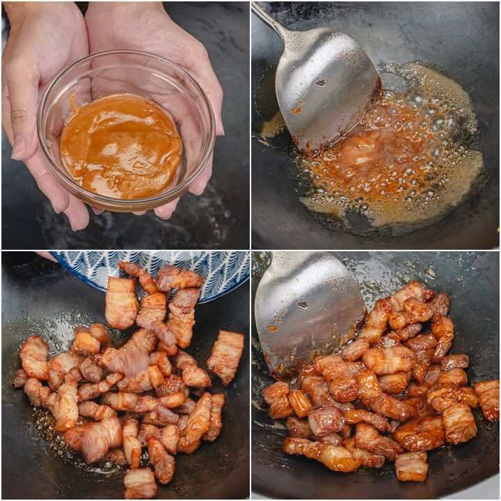 ละลายน้ำตาลปี๊บในกระทะและคั่วหมูจนเคลือบทั่ว