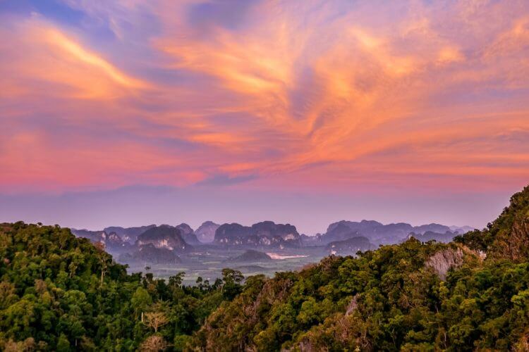 a beautiful sunset over the mountains and trees