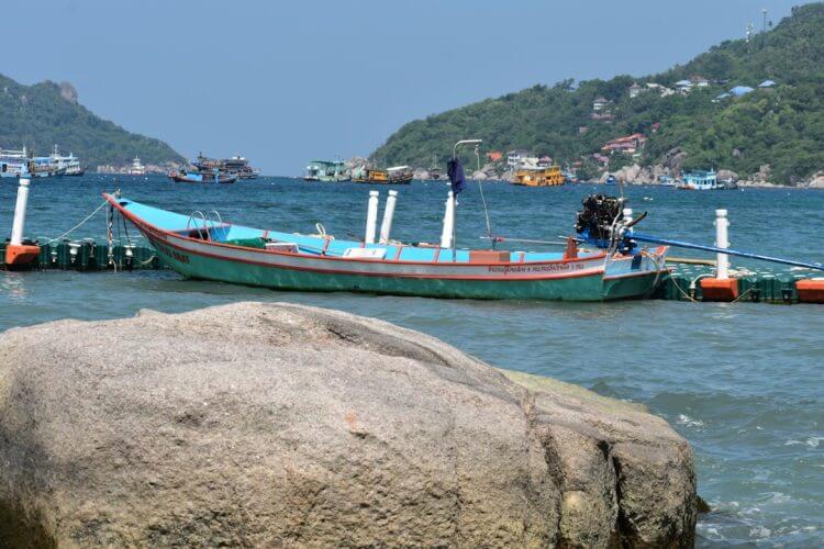 A fishing boat floats on the water near shore.