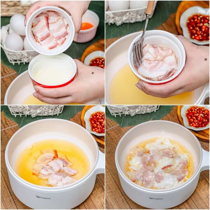 ขั้นตอนเตรียมไข่ขาวคลุกเบคอนในชาม